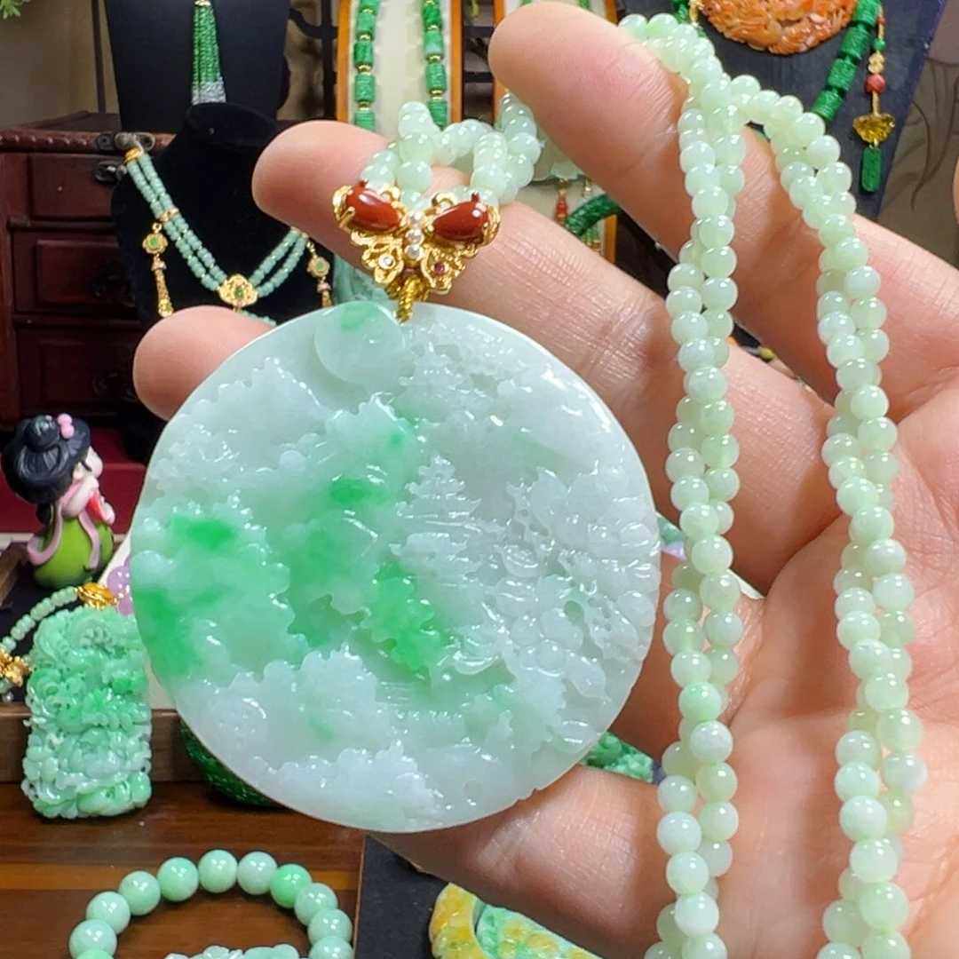 翡翠未镶嵌毛衣链白底青山水