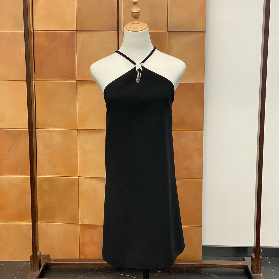 99新 MIU MIU/缪缪 黑色水钻露背吊带连衣裙/38码/全新带吊/30845