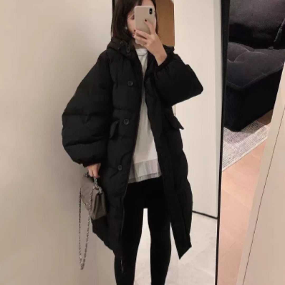 厚款纯色休闲羽绒服女装中长款网红宽松连帽冬季长袖