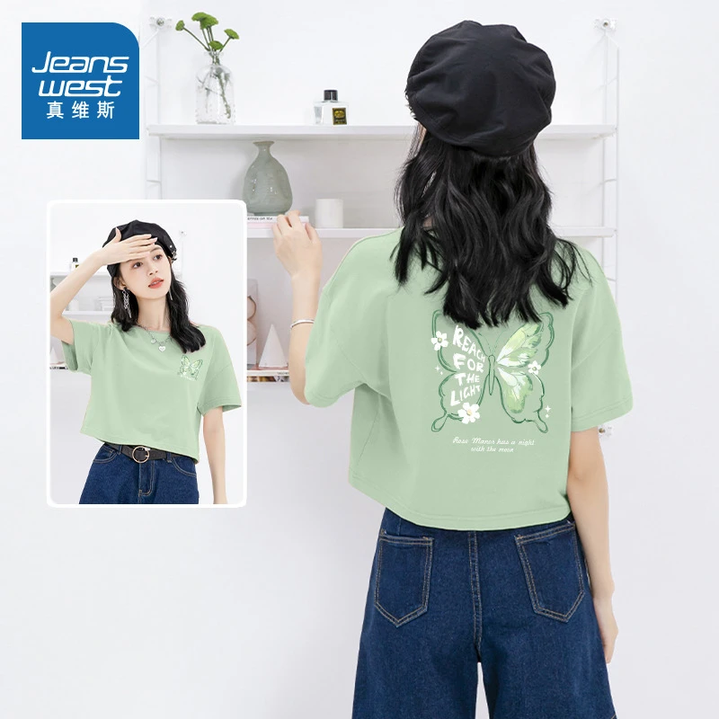 真维斯甜美ins慵懒休闲短袖夏季新款女装小个子纯棉圆领T恤上衣JR