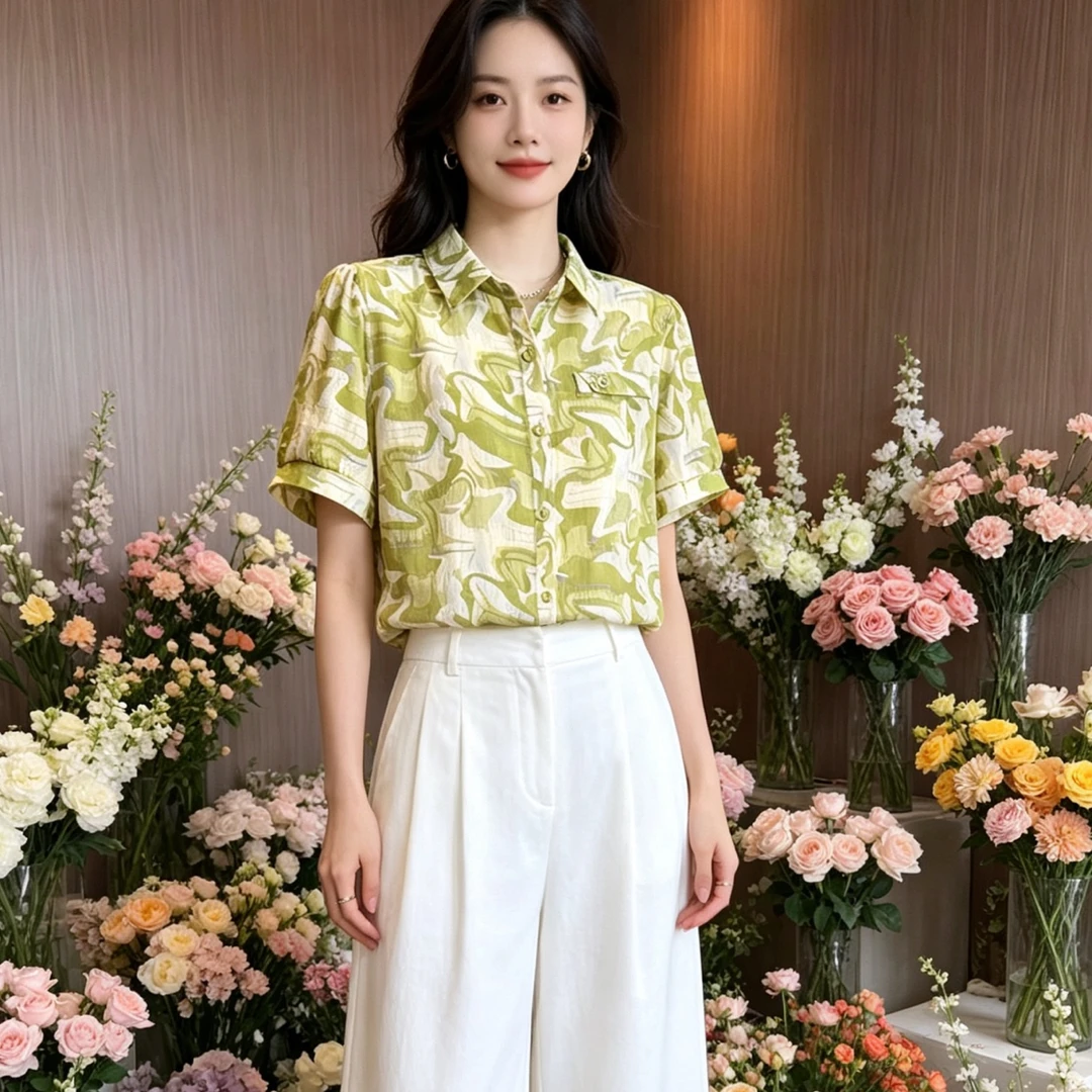 夏季新款洋气减龄妈妈装短袖印花双绉琉璃丝衬衫气质百搭