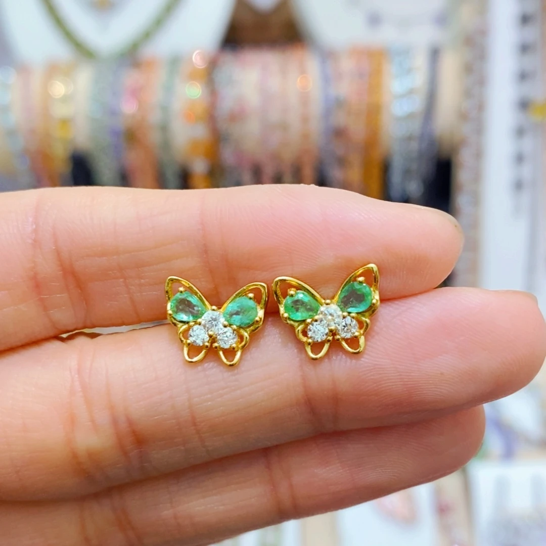 祖母绿耳饰银S925镶嵌