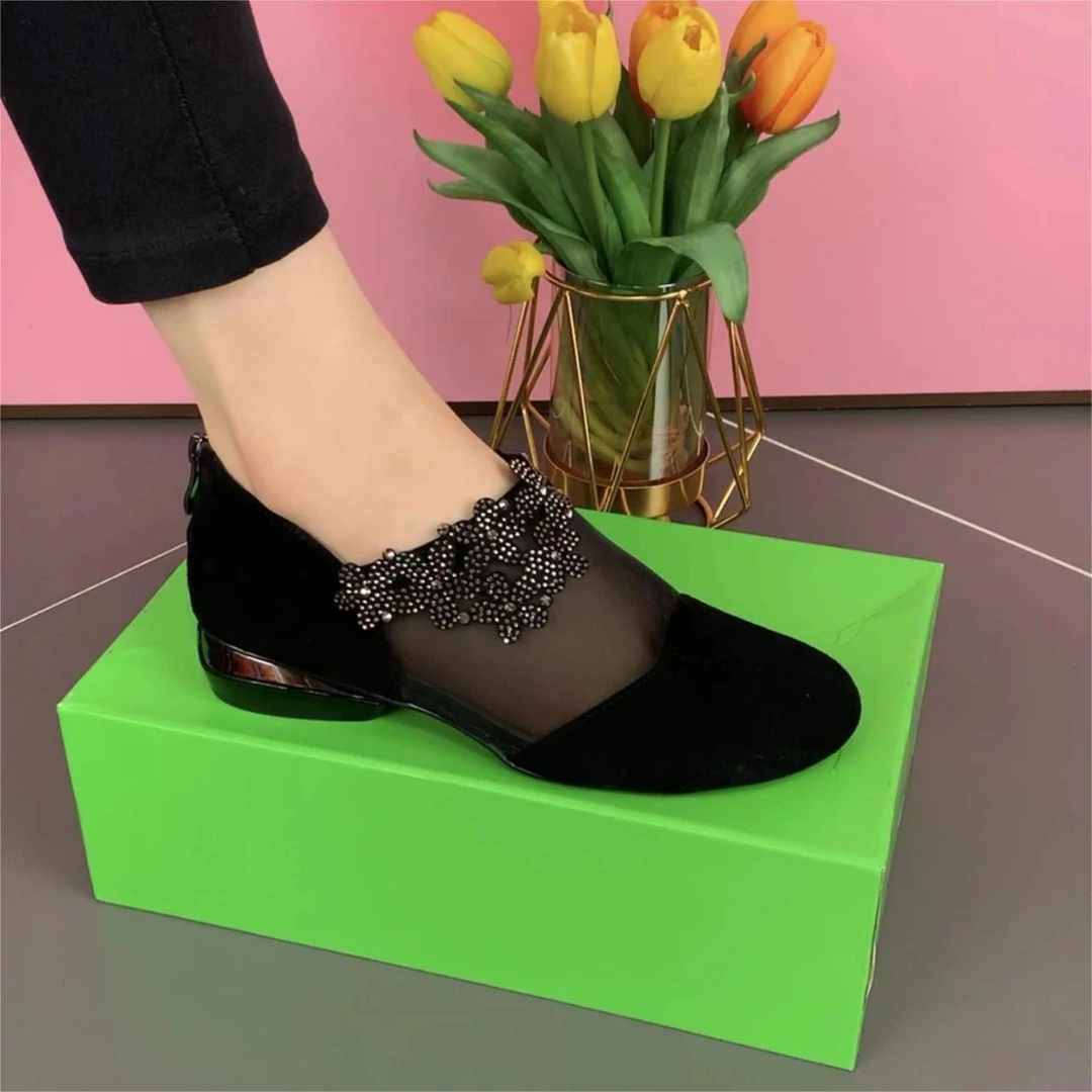 真软皮单鞋女网纱2025新款春夏低跟镂空透气包头水钻磨砂中年女鞋