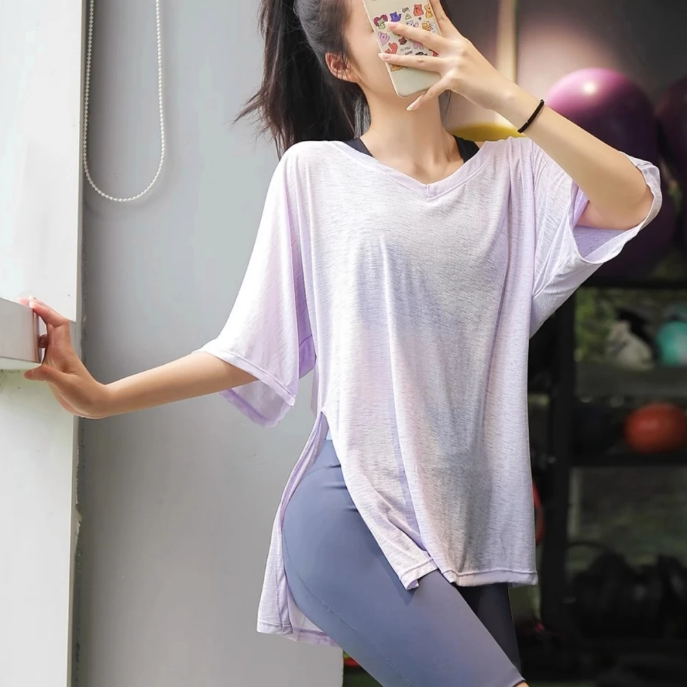 速干透气瑜伽女宽松大码运动薄款短袖T恤普拉提罩衫显瘦运动罩衫