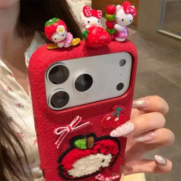 可爱绒布刺绣樱桃蝴蝶结kt猫适用iPhone17pro手机壳苹果16pro新15
