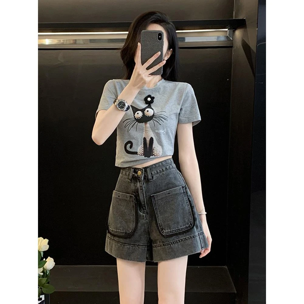 韩版甜辣风时尚套装女夏洋气显瘦印花卡通T恤复古牛仔短裤两件套
