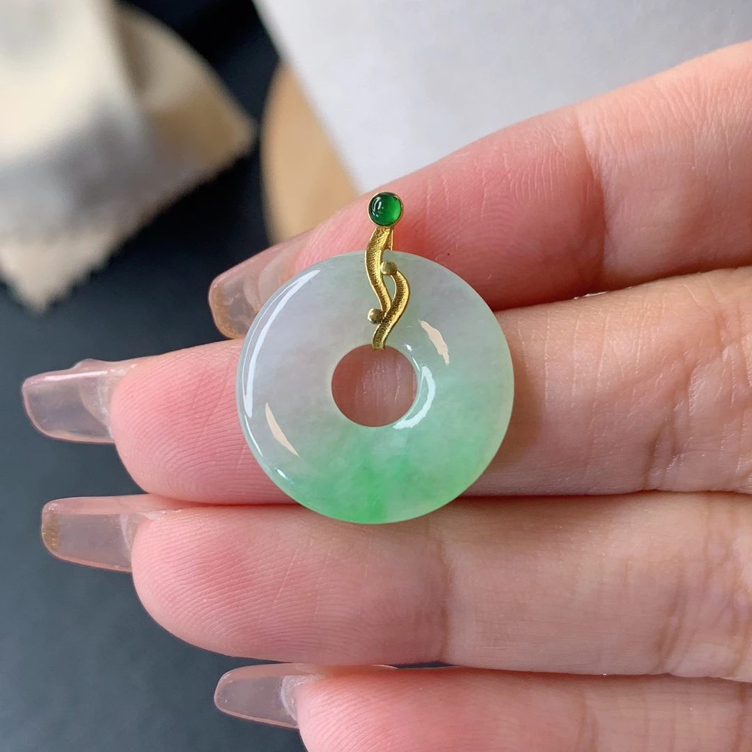 缅甸天然翡翠a货18k金甜甜圈吊坠19.6×3.0