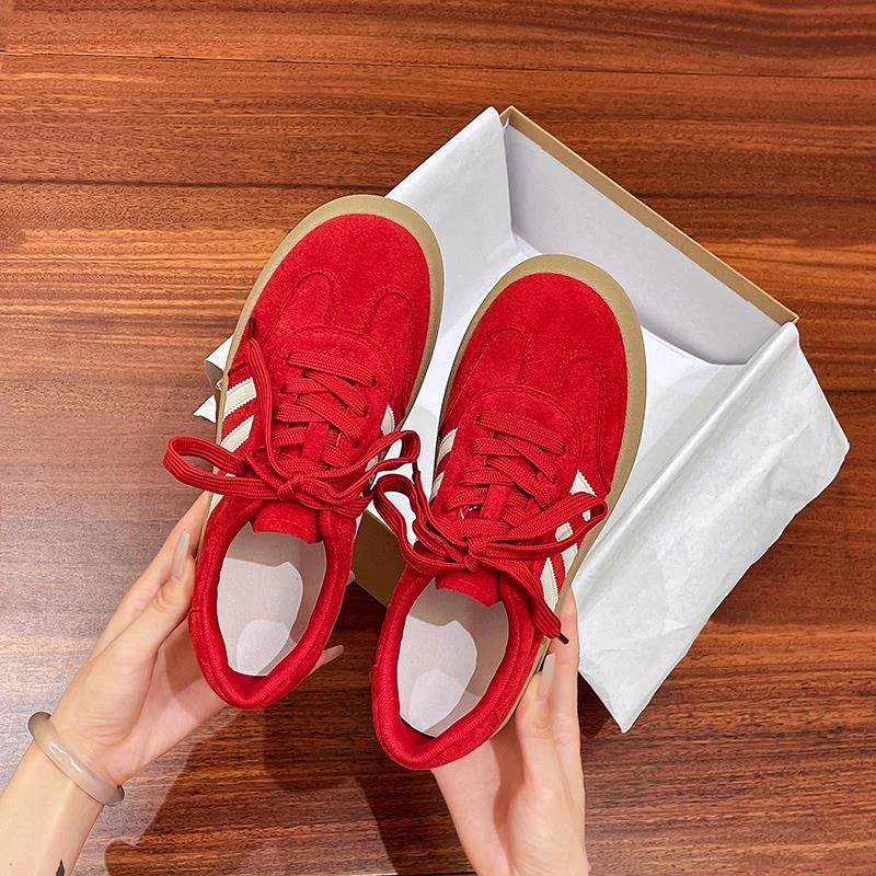 杨幂同款红色德训鞋女2025新款秋季覆古厚底板鞋学生百搭阿甘鞋子