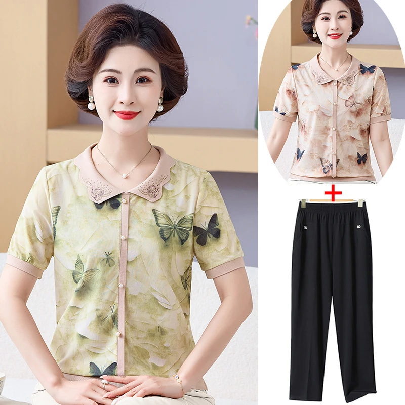 中老年女装小个子奶奶夏季短袖T恤妈妈装洋气小衫时尚薄款上衣