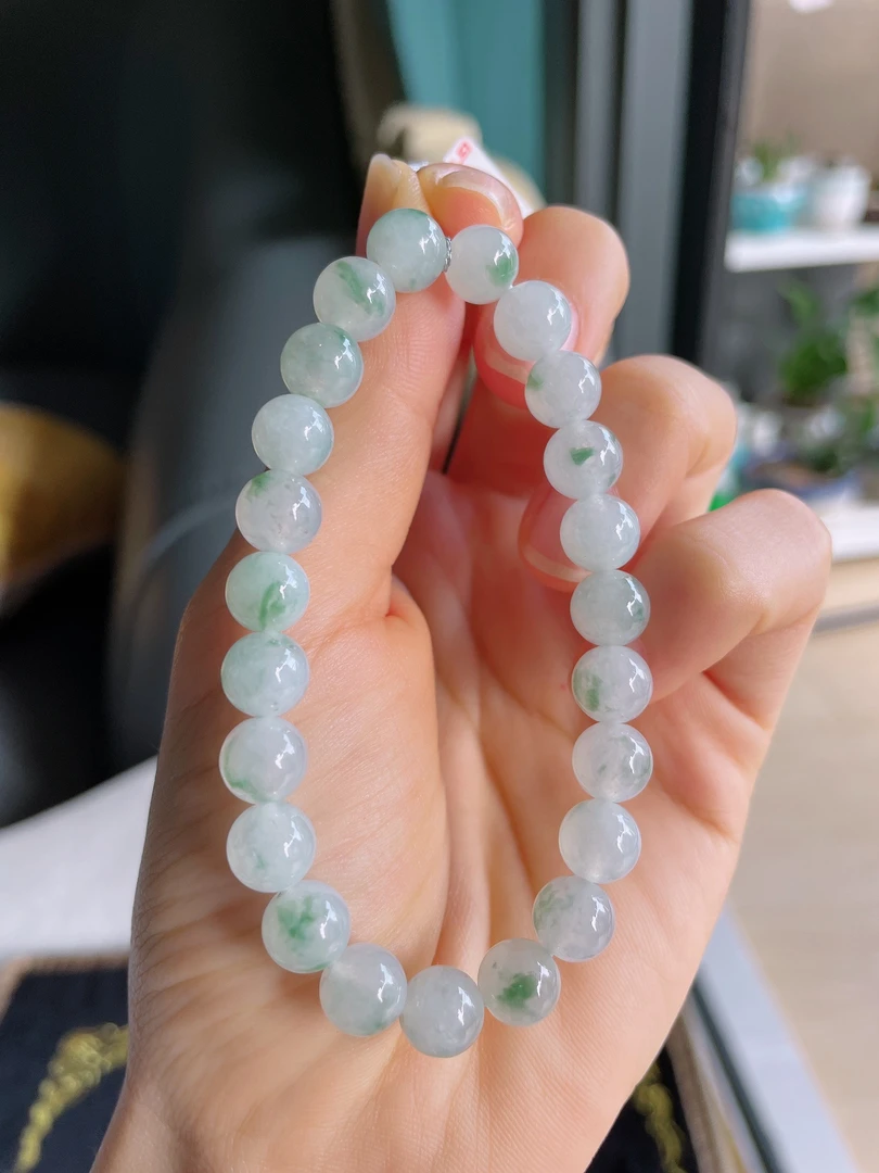 天然翡翠A货冰润飘花飘绿灵动圆珠手串手链卡8mm缅甸玉珠子-2027