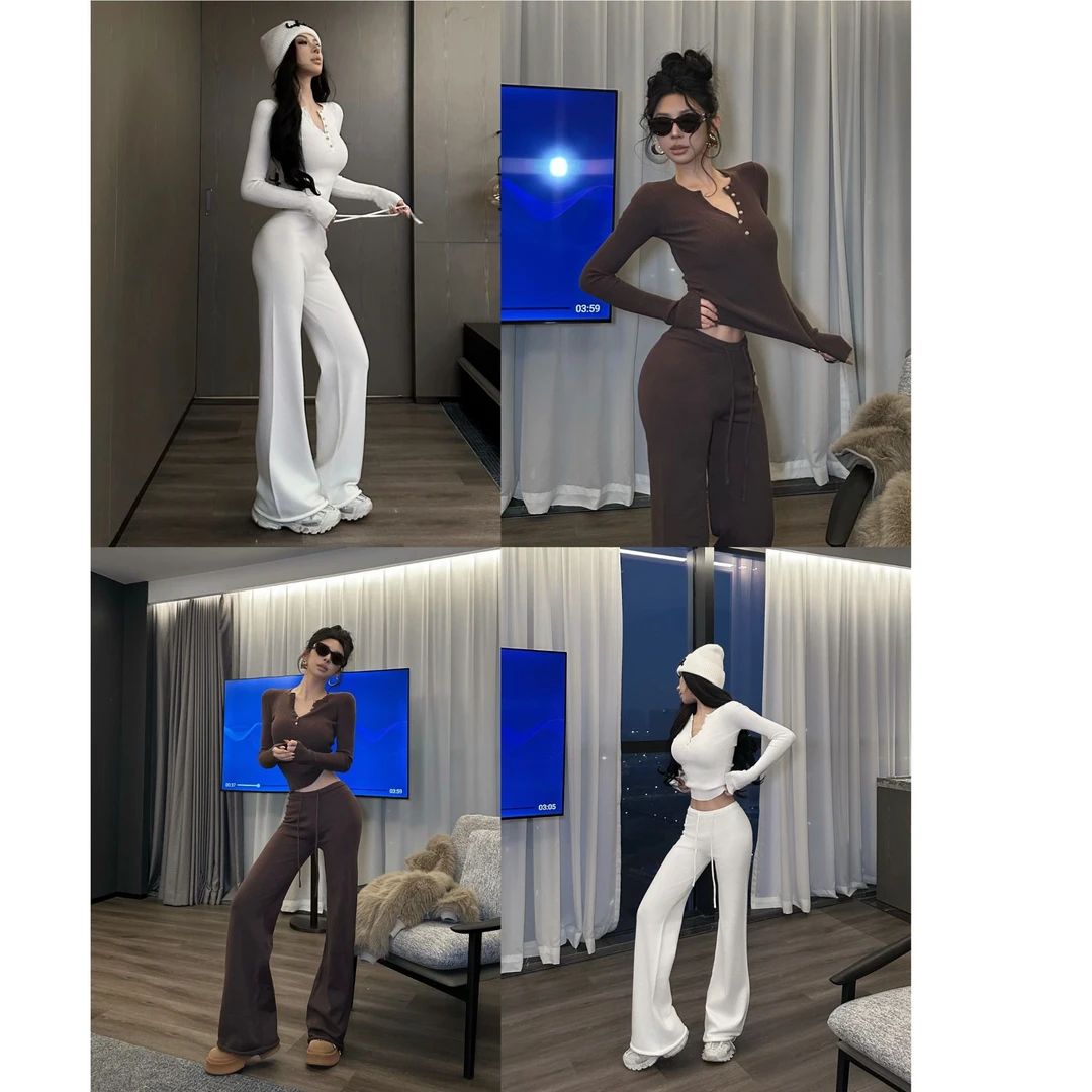 FORNIS 辣妹v领长袖上衣休闲显瘦微喇卫裤F25Y50055+F25K50056