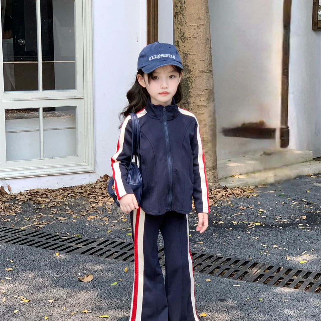 女童套装2025秋韩版条纹拼接拉链外套微喇裤洋气两件套