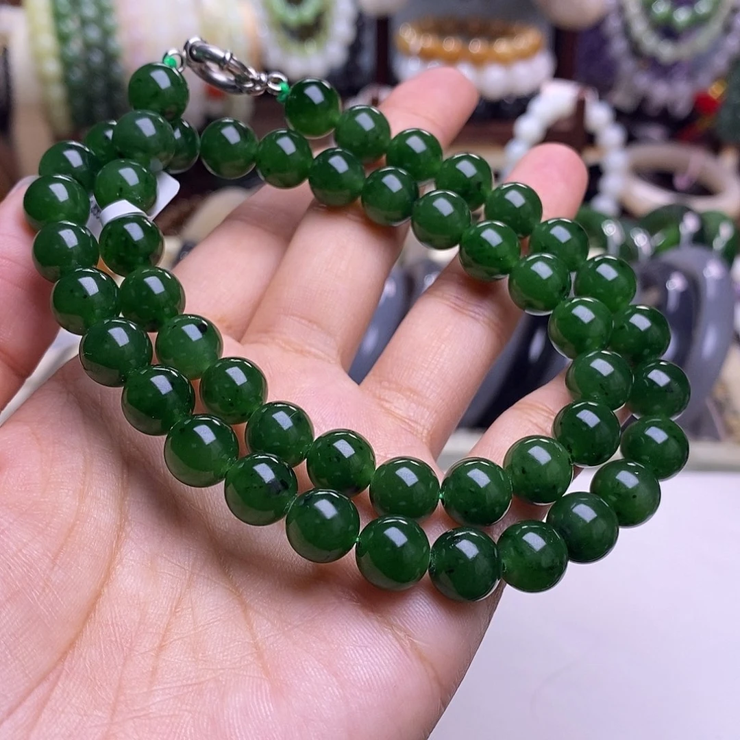 颈饰未镶嵌和田玉毕业级老坑料碧玉高冰菠菜绿妈妈链10m