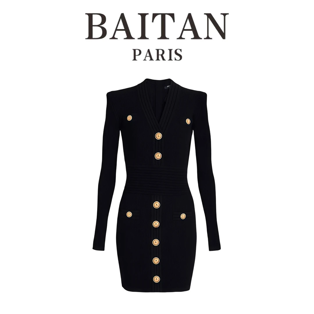 【BAITAN】巴小曼高品质黑金系列气质修身显瘦针织长袖包臀连衣裙秋