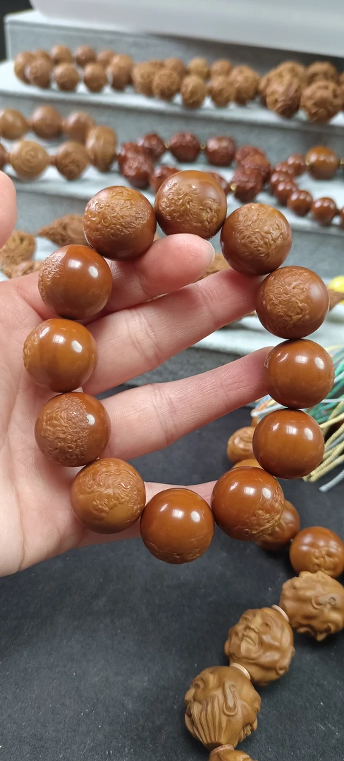 橄榄核雕2.0正圆六春达摩手串