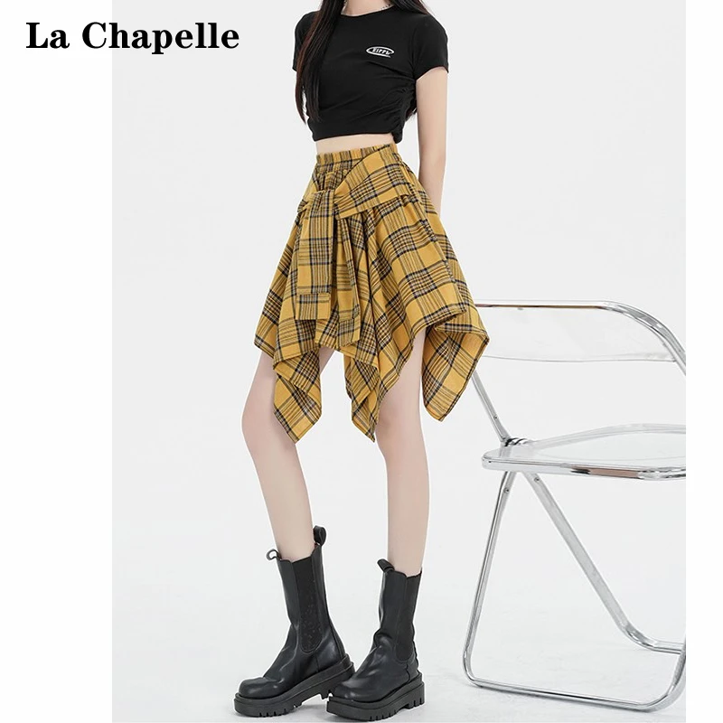 拉夏贝尔不规则黄色格子半身裙女2025夏季新款设计感松紧腰短裙子