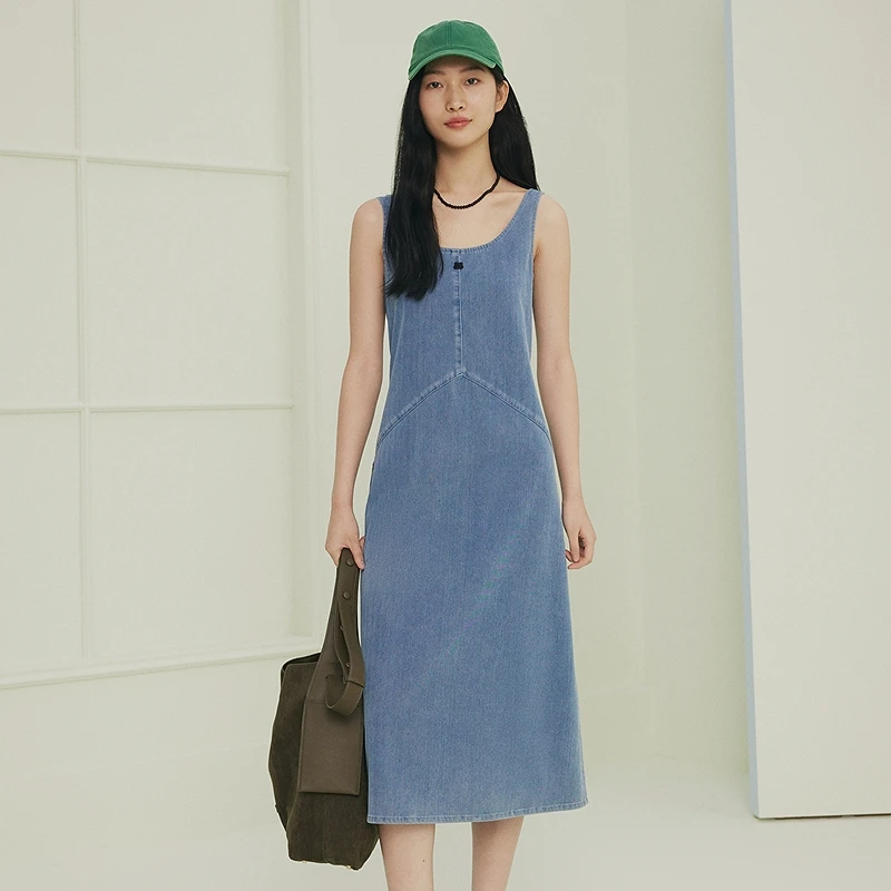 FS时尚U领后开衩中长款无袖牛仔连衣裙女25夏新款J422A