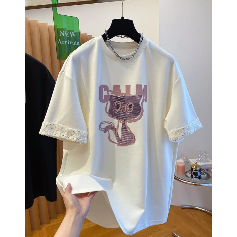 欧货胶印猫咪印花t恤女短袖2025新款宽松休闲设计感钉珠亮片上衣