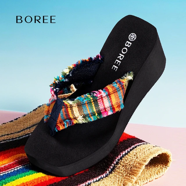 宝人8cm厚底增高人字拖女夏季外穿防滑坡跟夹脚拖鞋时尚编织凉拖