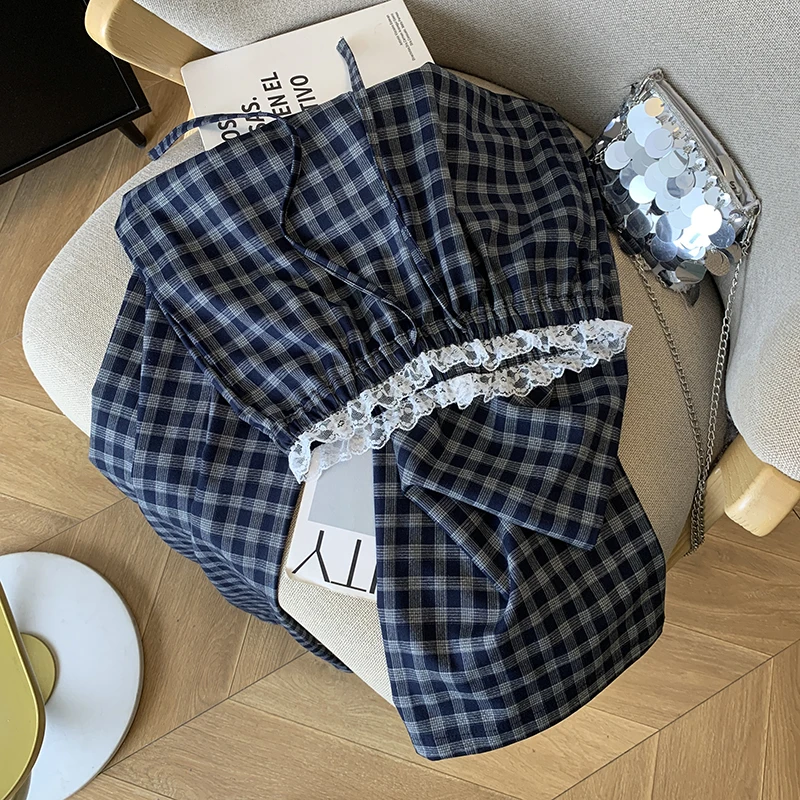 蕾丝花边格子裤休闲长裤女春秋慵懒风阔腿裤高腰显瘦垂感直筒裤子