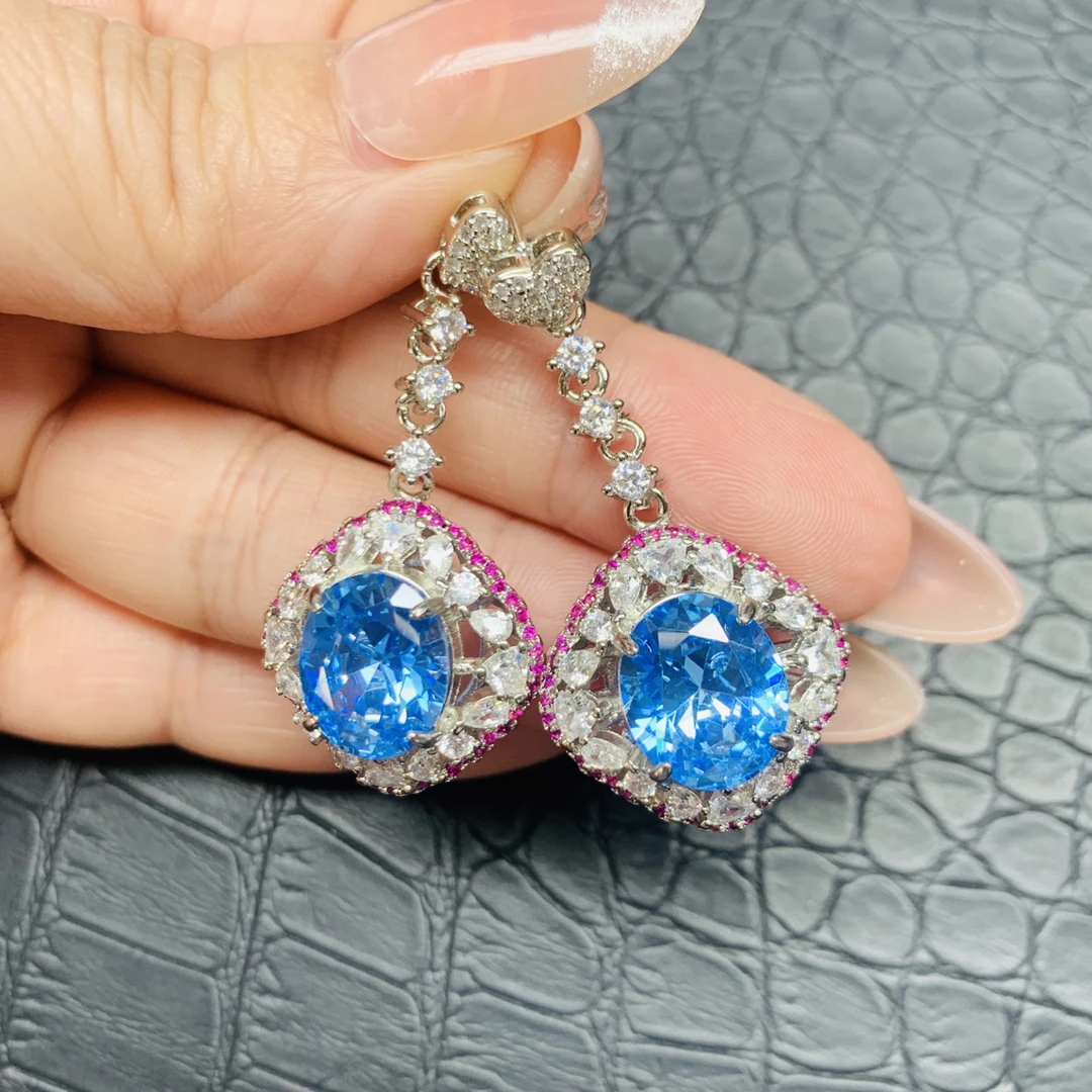 铜合金合成锆石耳饰 轻奢时尚蓝色长款耳钉精致饰品百搭气质157