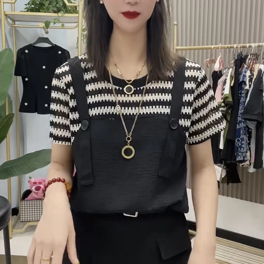 胖MM拼接假两件显瘦减龄条纹背带短袖上衣夏季百搭洋气时尚休闲