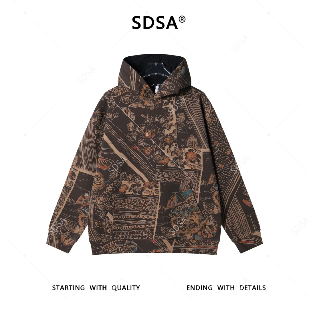 SDSA男士秋冬新款痞帅男装简约撞色抽象花卉连帽卫衣复古套头上衣