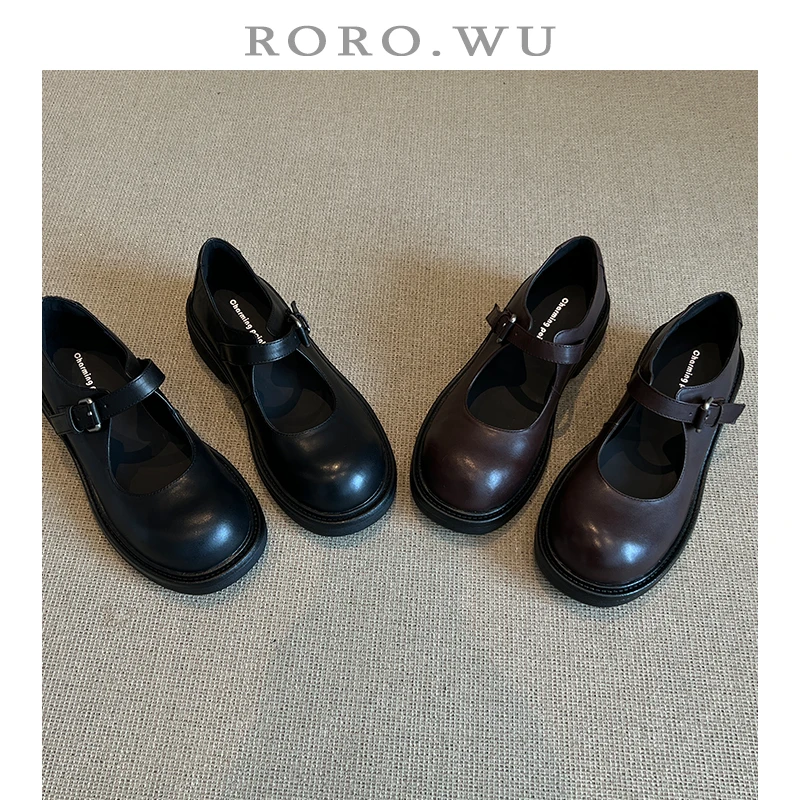 娆娆吴·头层牛皮英伦风复古小皮鞋粗跟一字扣玛丽珍日常单鞋A188