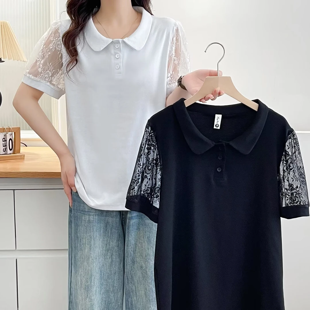 JIANAOBEN/简澳本大码洋气显瘦宽松娃娃领蕾丝袖拼接短袖T恤上衣