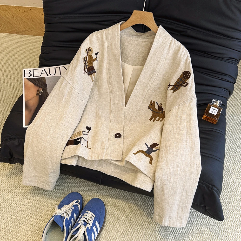 2025春秋季宽松设计感休闲刺绣纯色V领百搭长袖夹克上衣外套女潮