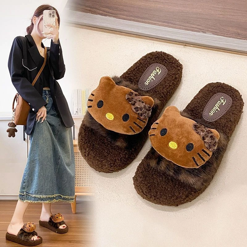 可爱kitty豹纹女生秋冬季外穿保暖家居棉拖鞋防滑一字拖毛毛拖鞋