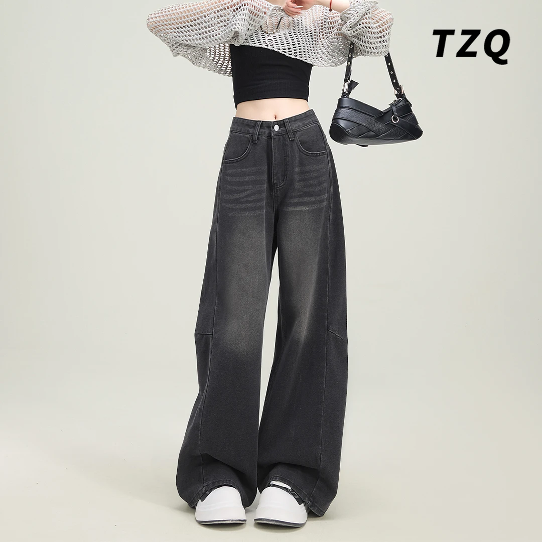 复古做旧牛仔裤女爆款2025新款春秋黑色高腰显瘦阔腿裤TZQ2511239