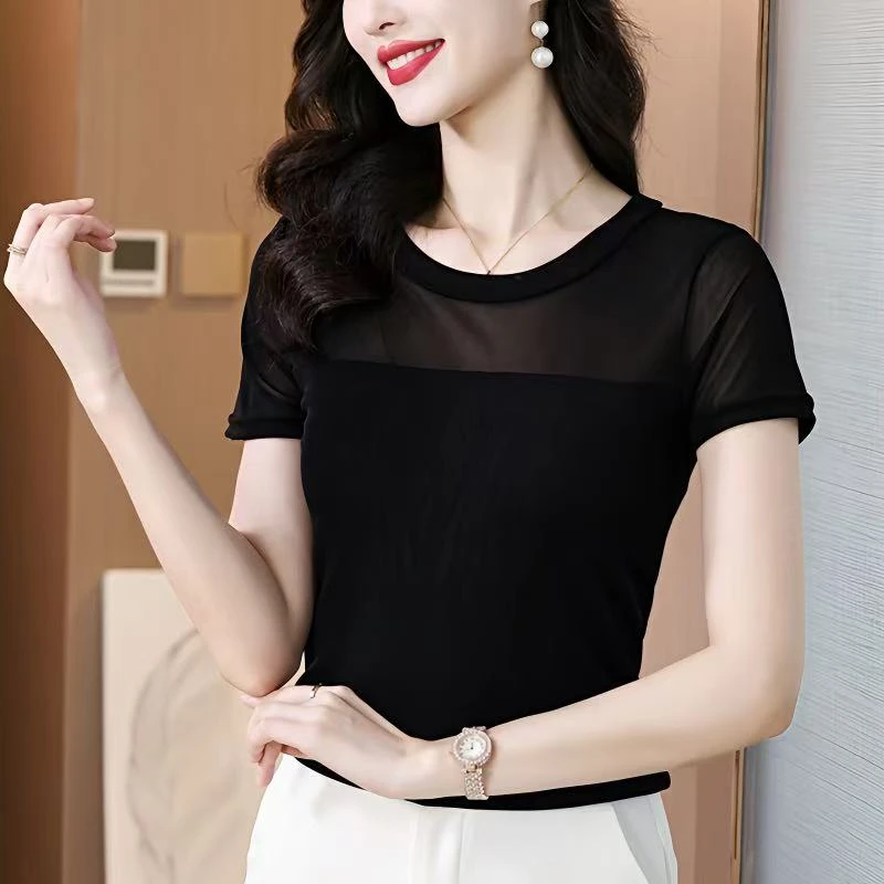【盼哥专属】夏季圆领短袖打底衫女t恤网纱袖百搭上衣修身显瘦280