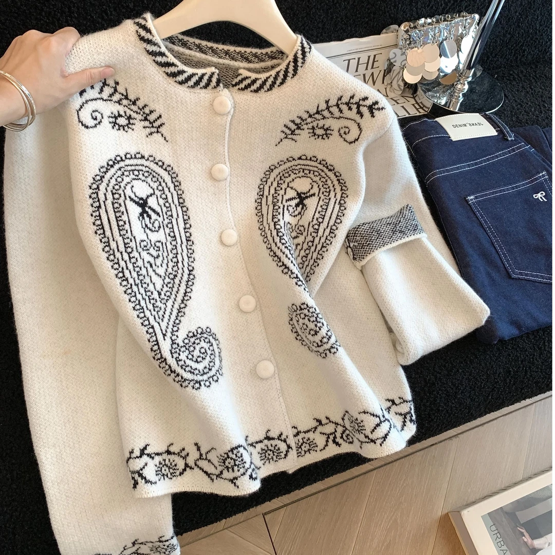 SM潮流复古提花小众单排扣短款毛针织开衫女秋冬新款休闲外套上衣