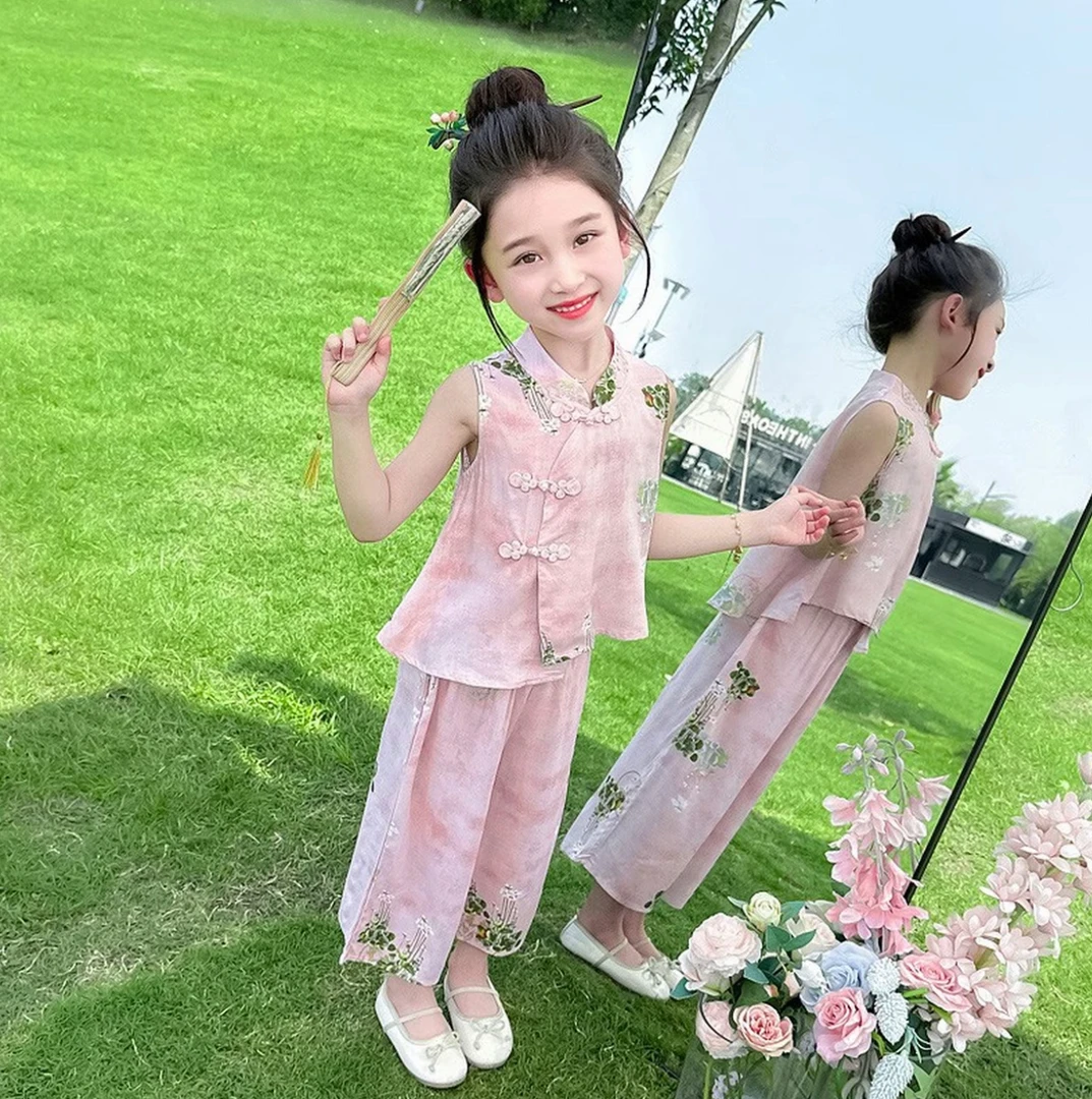 汉服女童棉绸套装夏季2025新款洋气时髦儿童新中式夏装女宝两件套