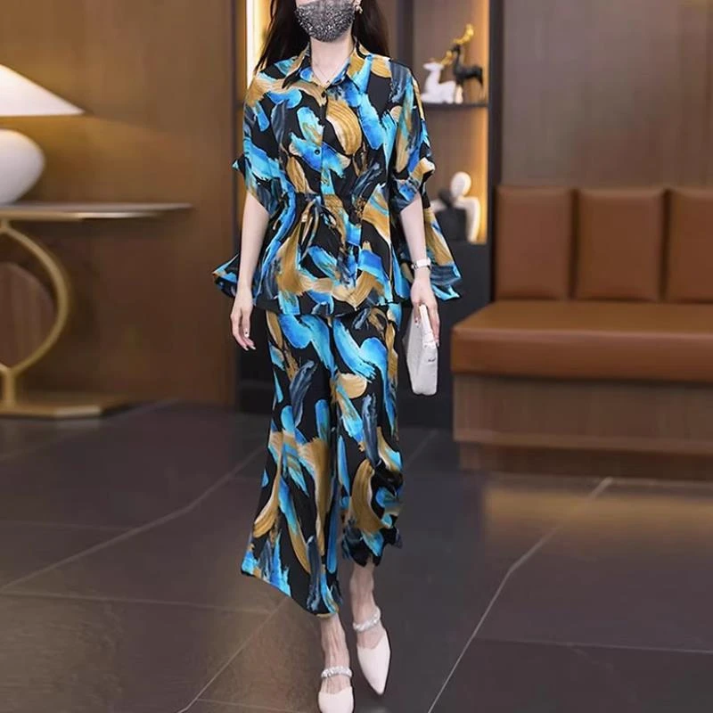 法芬图大码洋气减龄休闲套装女2025夏新款胖mm时尚宽松衬衫阔腿裤