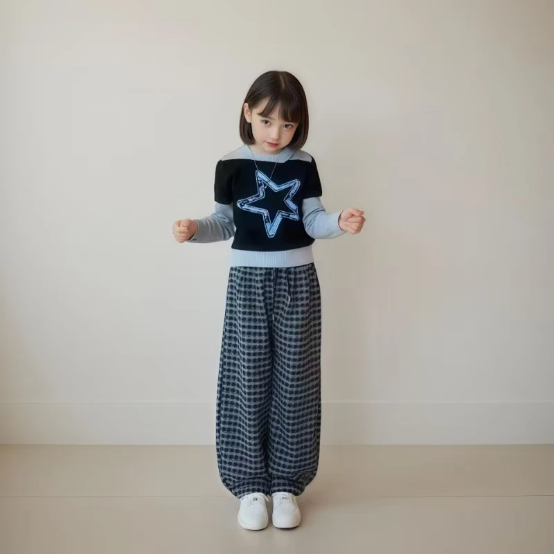 女童秋季套装2025新款韩版假两件上衣儿童中大童格子阔腿裤两件套