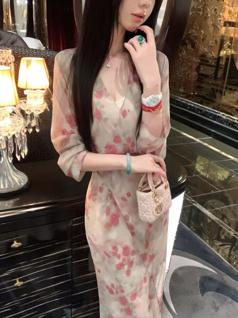 【雅乔定制】秋水蔷薇 雾里繁花印花V领连衣裙两件套DYTH-25063873