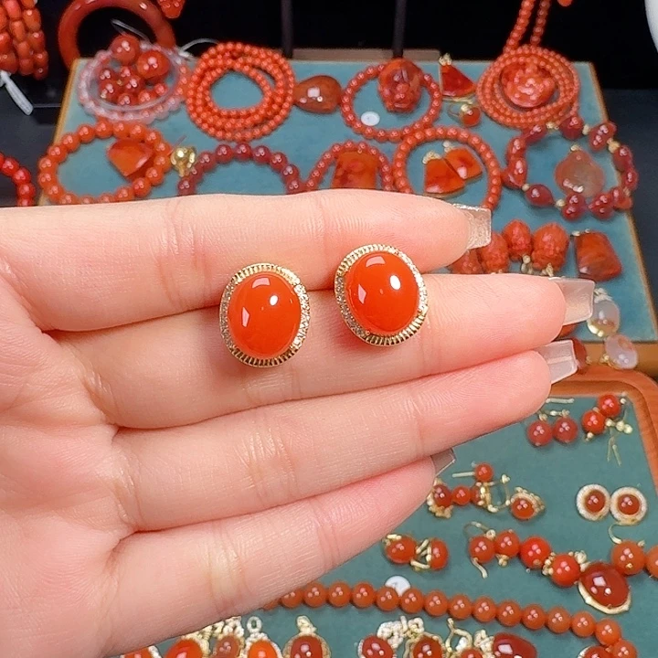 南红玛瑙银S925镶嵌顶级耳饰