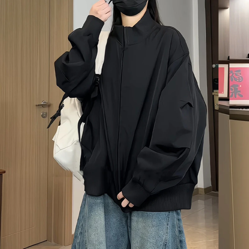 美式潮牌炫彩缎面飞行夹克男款中性风廓形立领外套高端套装上衣