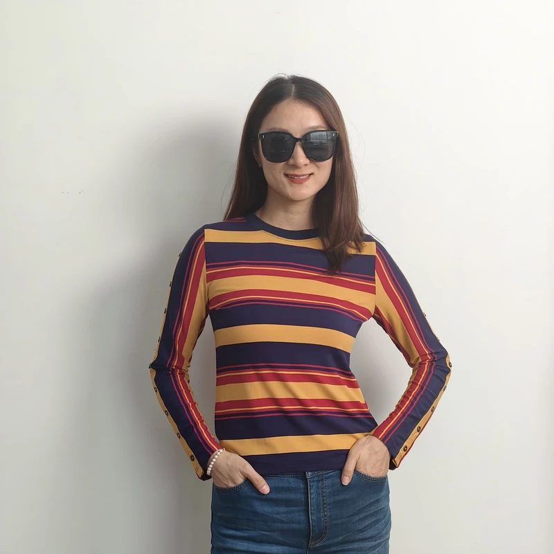 不退不换/哥家 圆领条纹休闲休闲风T恤印花常规款长袖修身1300286