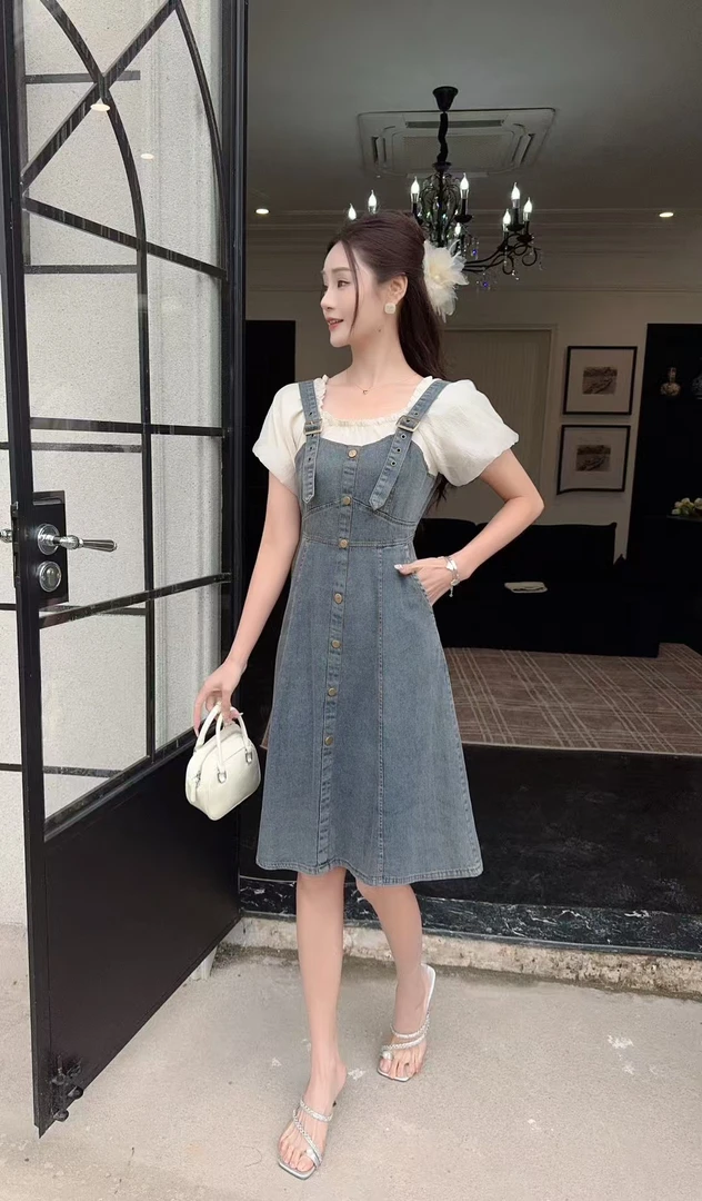 夏季薄款拼接有口袋牛仔连衣裙显瘦收腰气质掐腰假两件裙子