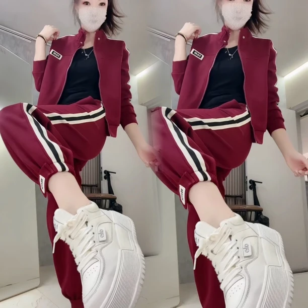 秋季时尚新款立领拉链上衣搭配直筒裤休闲运动套装显瘦气质2025