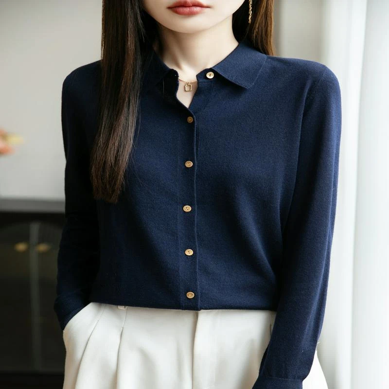 25年早秋新款精纺羊毛POLO领针织开衫长袖女纯色宽松百搭气质上衣