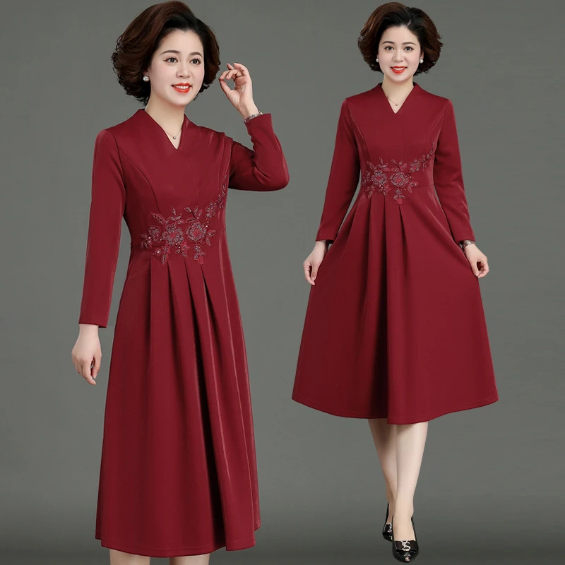 中老年大码春秋长袖长裙红色显瘦中长款高贵洋气妈妈装2025年春季