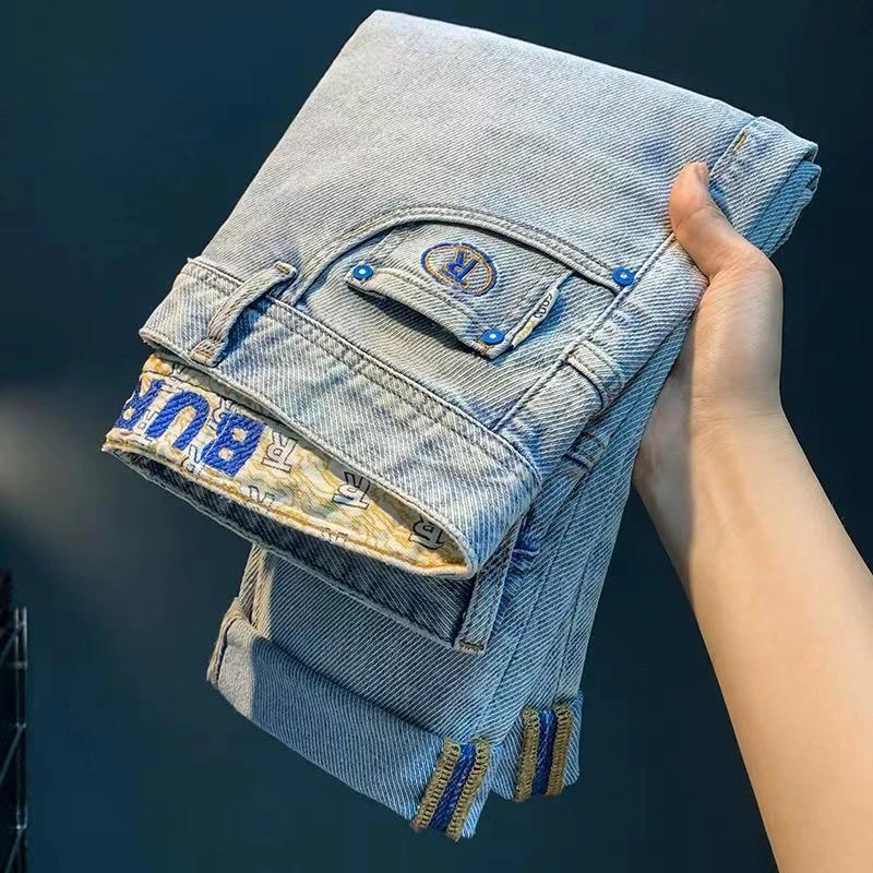 牛仔裤小脚秋冬弹力加厚轻奢男裤长裤子修身高端加绒浅色复古男款