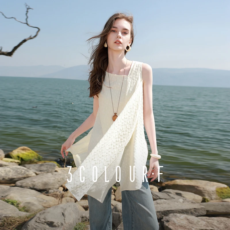 三彩独醒2025夏季新款不规则设计感无袖衬衣小衫上衣休闲甜酷女F