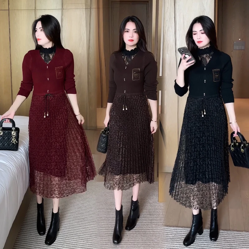 女装针织连衣裙2025年春秋新款时尚洋气显瘦秋冬打底假两件套裙子
