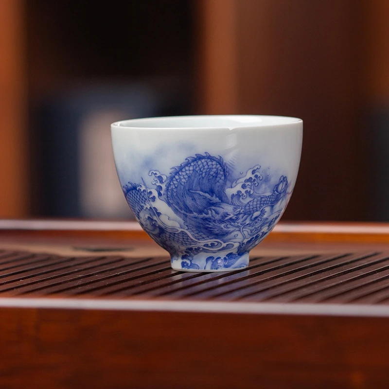 青花山水鸡心主人杯茶杯手工煮酒陶瓷品茗杯湖心亭看雪白泽杯