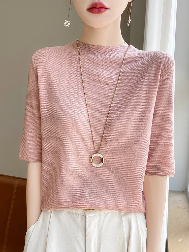 宽松针织短袖t桖夏季薄款立领五分袖毛针织衫时尚百搭中袖大码